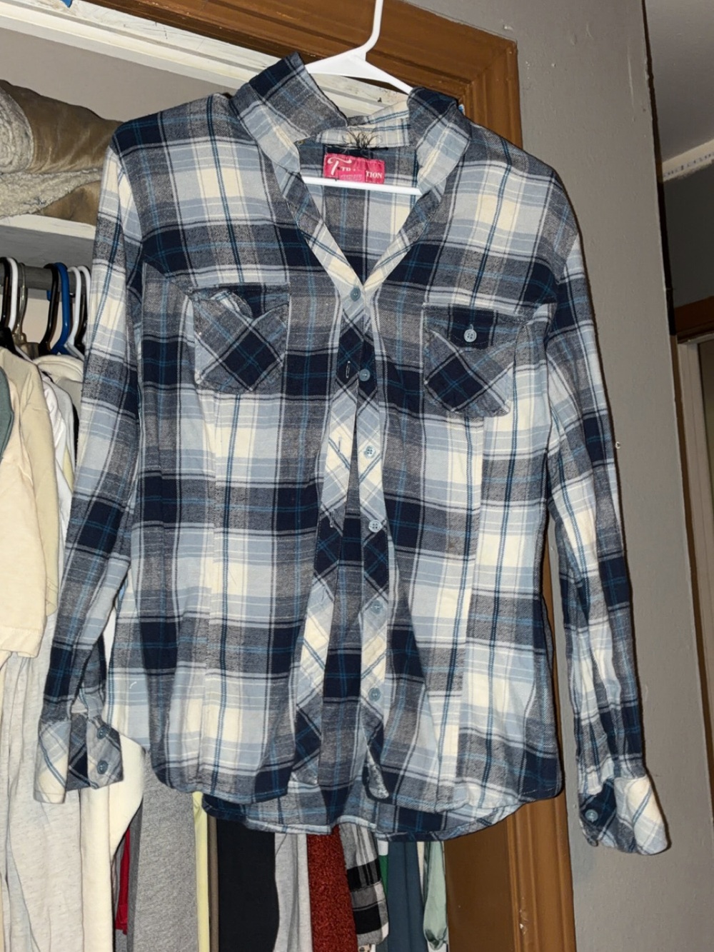 Women’s Navy & White Plaid Button-Down Shirt - Casual Long Sleeve Top